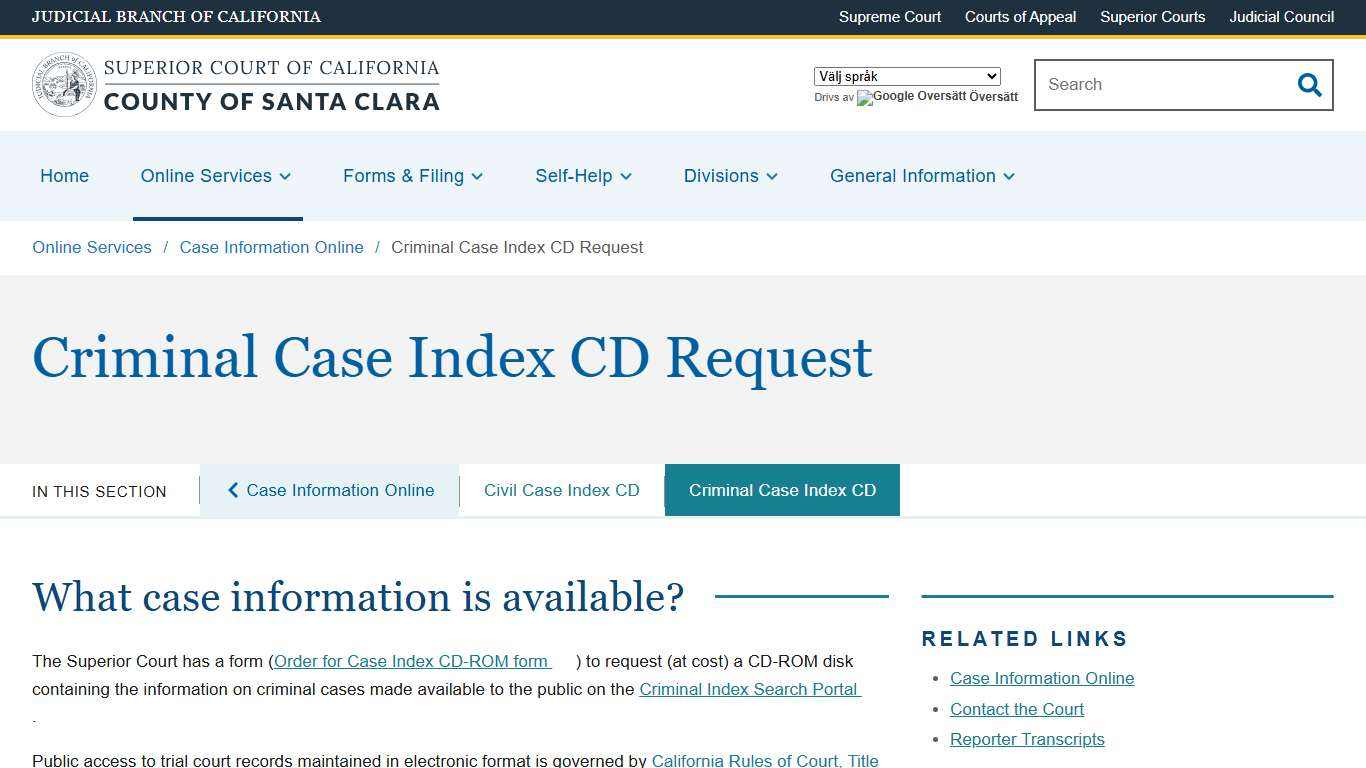 Criminal Case Index CD Request Superior Court of California County of Santa Clara
